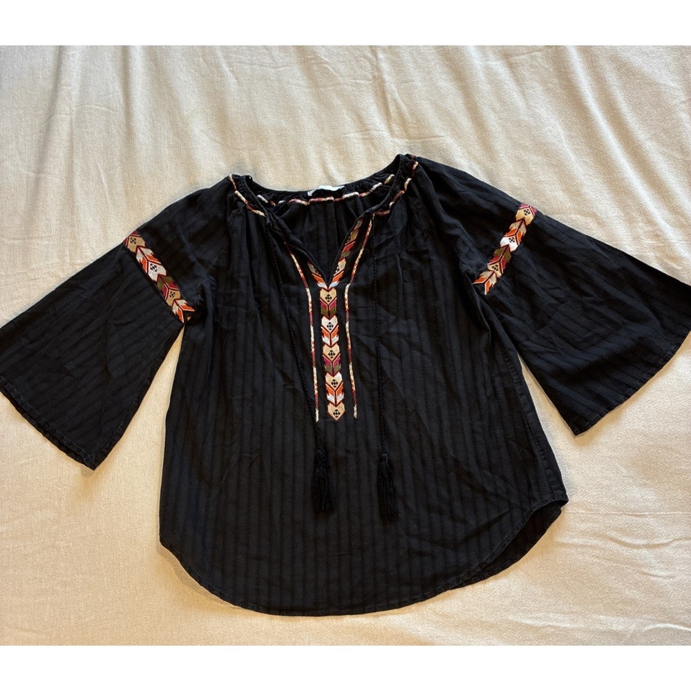 Women's Top Large Black Pheasant Blouse Embroidered Bell Sleeves Boho Tassels‎